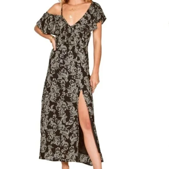 Amuse Society Black & White Floral Asymmetric Cold Shoulder Maxi Dress Large L - Picture 4 of 14